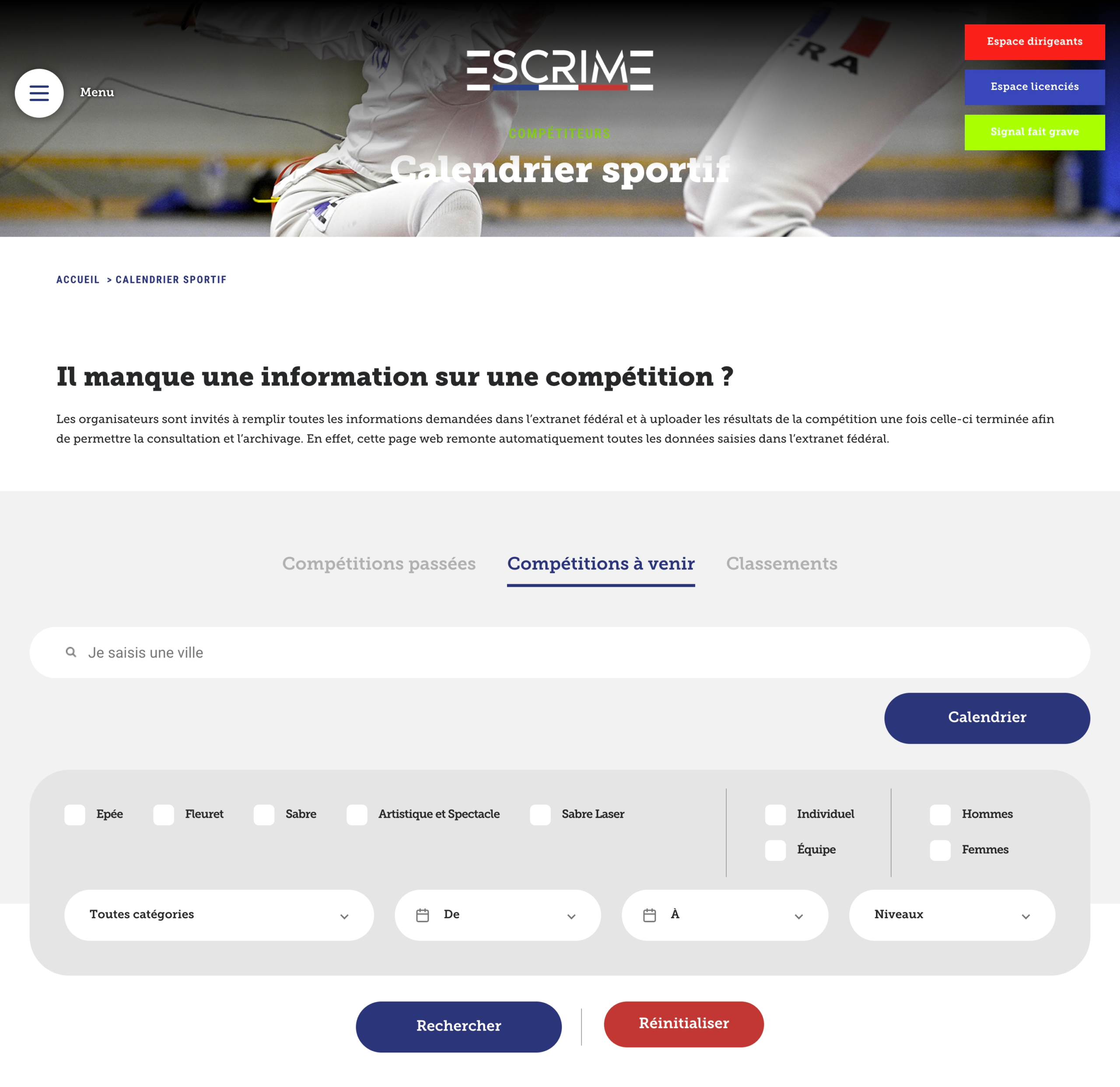 Capture d'écran de l'extranet fédéral